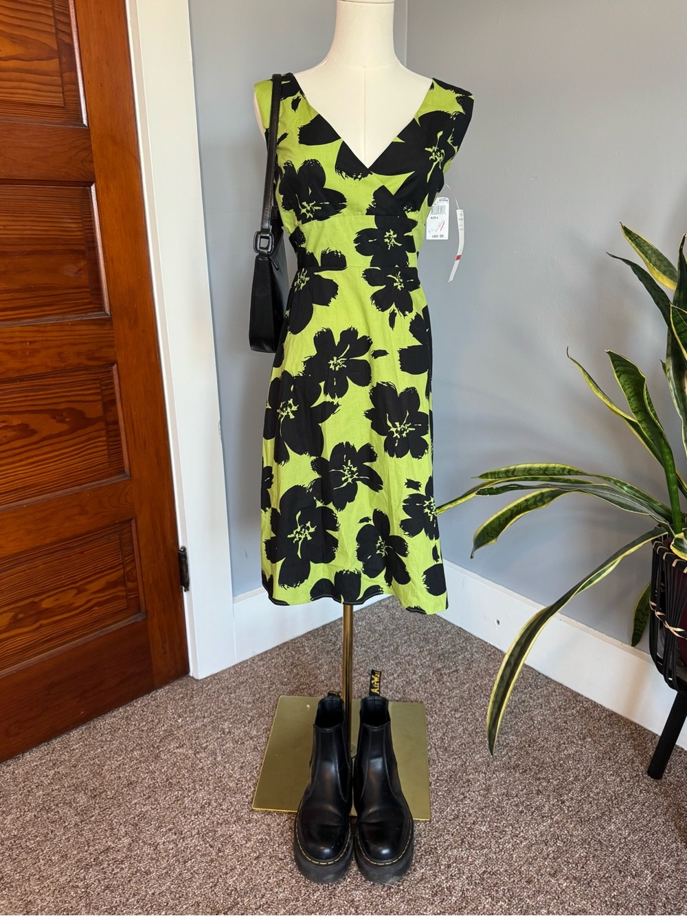 Vintage Y2K Vibrant Lime Green Floral V-Neck Sleeveless Dress